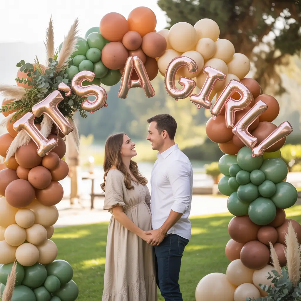 Couple Holding Hands Under Boho Balloons Arch at Gender Reveal Party