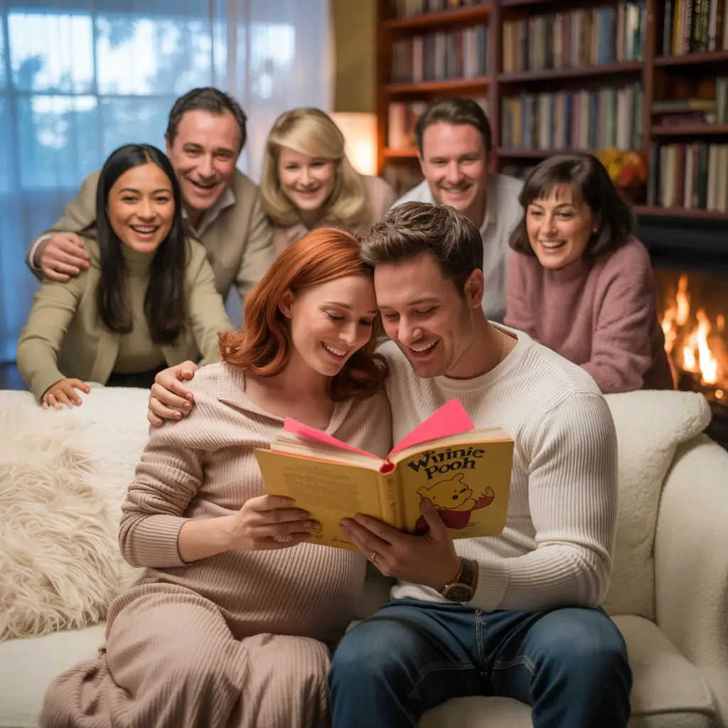 pregnant couple reading book at gender reveal for family gathering