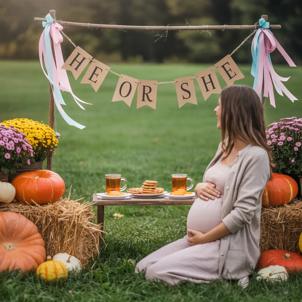 A mini pumpkin patch with hay bales, mums, and a “He or She” banner. Pregnant woman sitting in front of gender reveal decoration. 