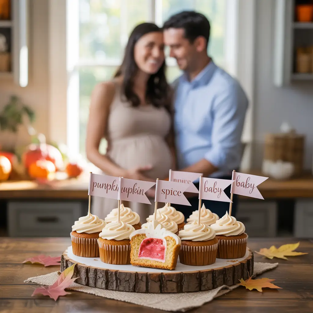 Bake cupcakes with pink or blue filling, topped with neutral frosting and fall-themed flags. While couple standing in blurred background 