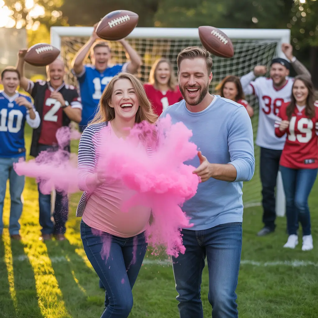 a football themed party where guests wear team jerseys. Reveal with a pink or blue football jersey gift or a colored powder toss