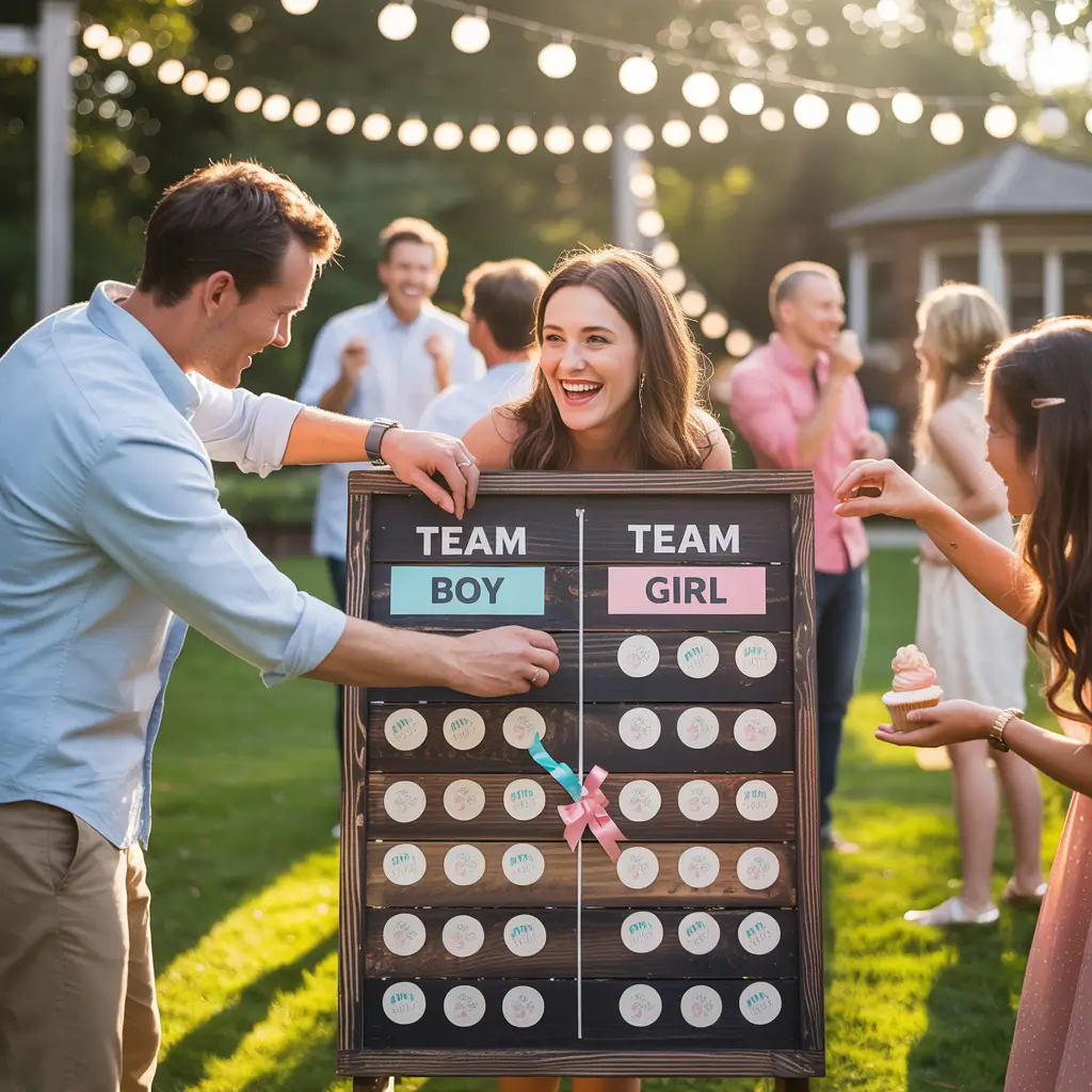 Board where guests pin their guess at gender reveal party using pink or blue stickers. 