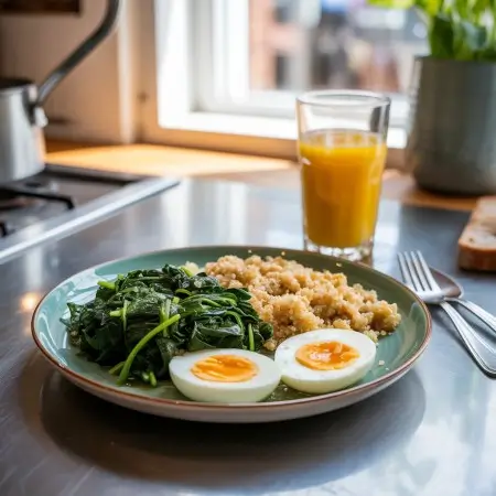 Spinach, eggs, and quinoa with orange juice