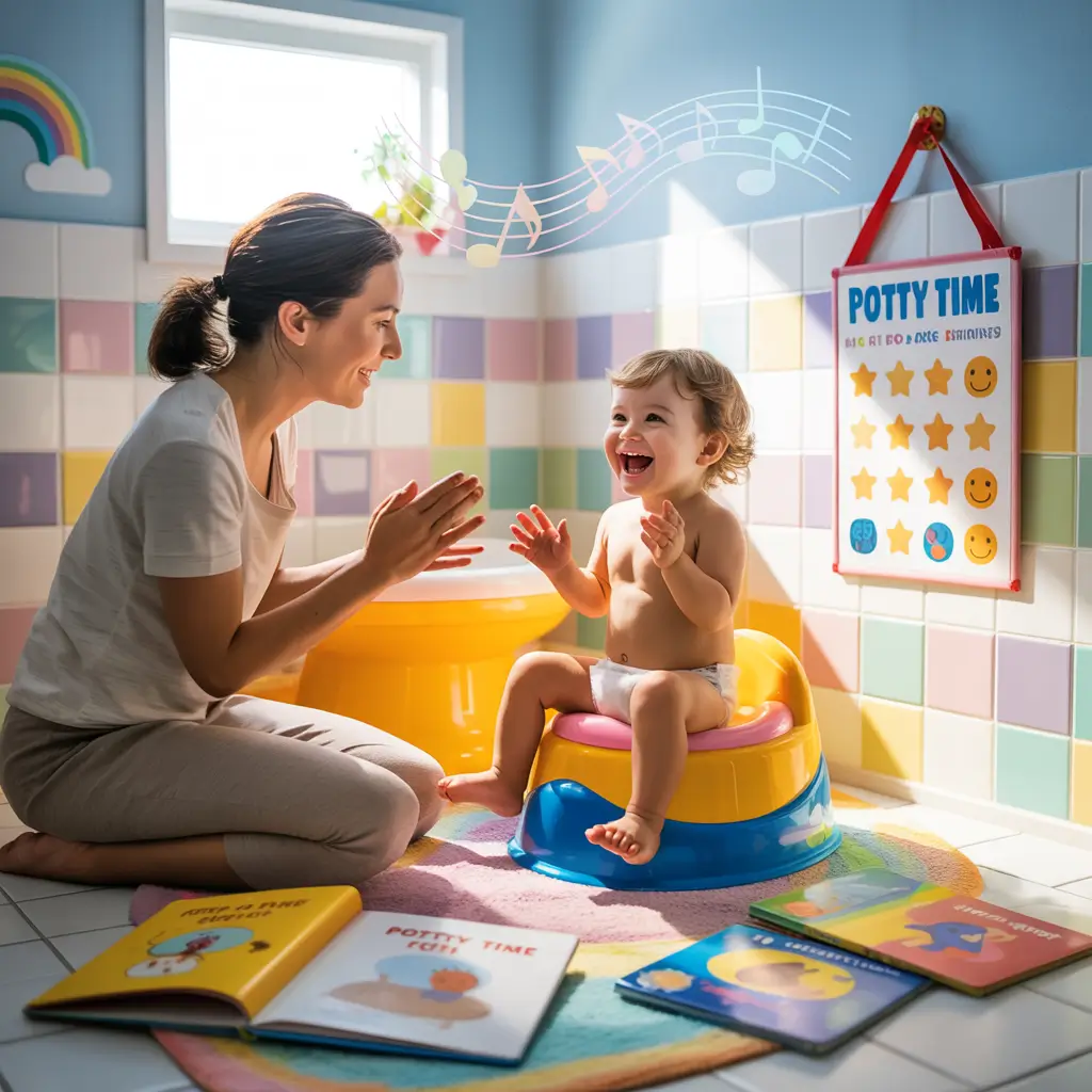 Read potty themed books together.
Let your child choose stickers or a reward for trying.