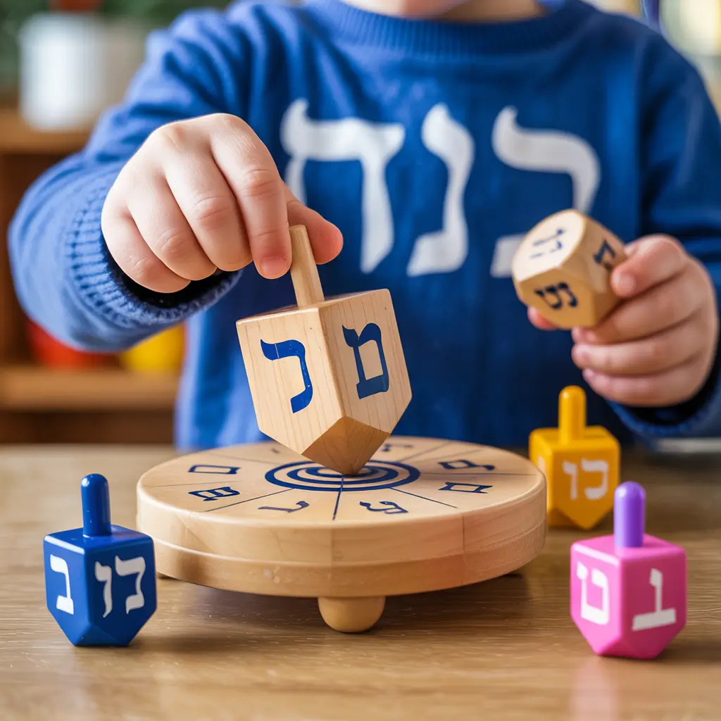 child explore different dreidels wooden, plastic, or musical ones.