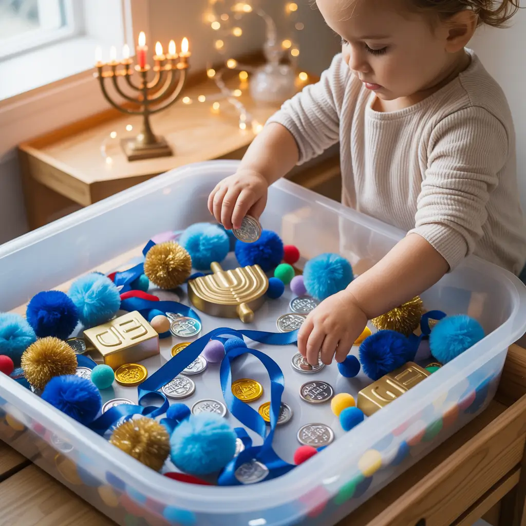 Toddler Playing With Hanukkah Sensory Bin Toys