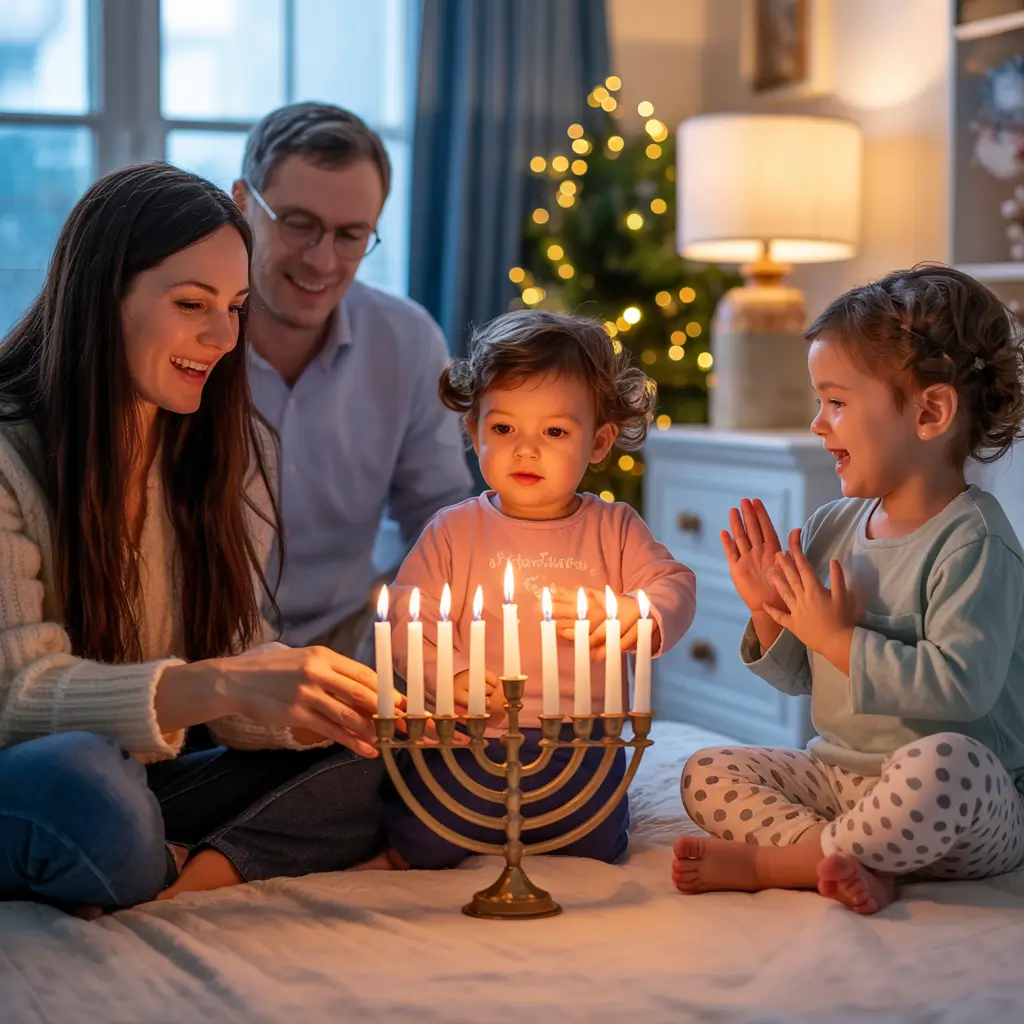 Family Lighting the Menorah Together