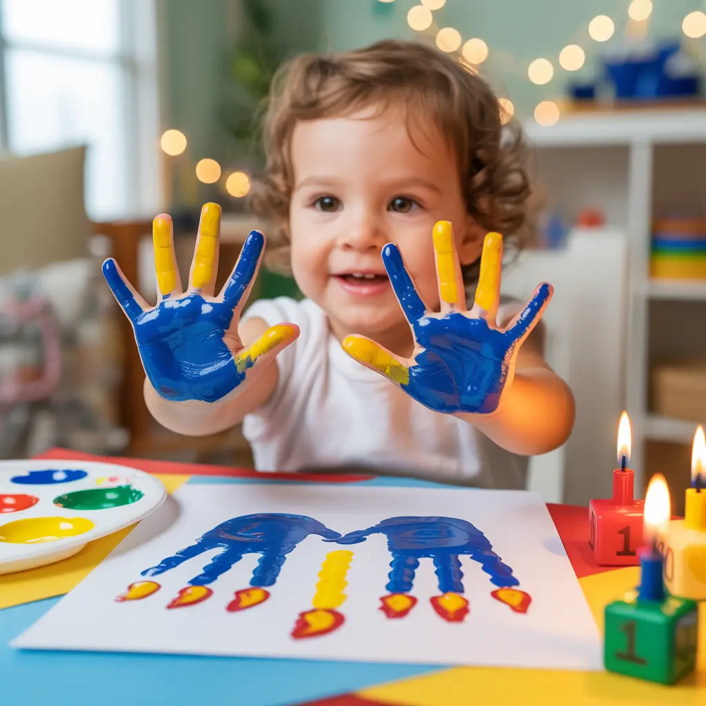 A Hanukkah toddlers activity that’s both fun and meaningful is creating a handprint menorah.