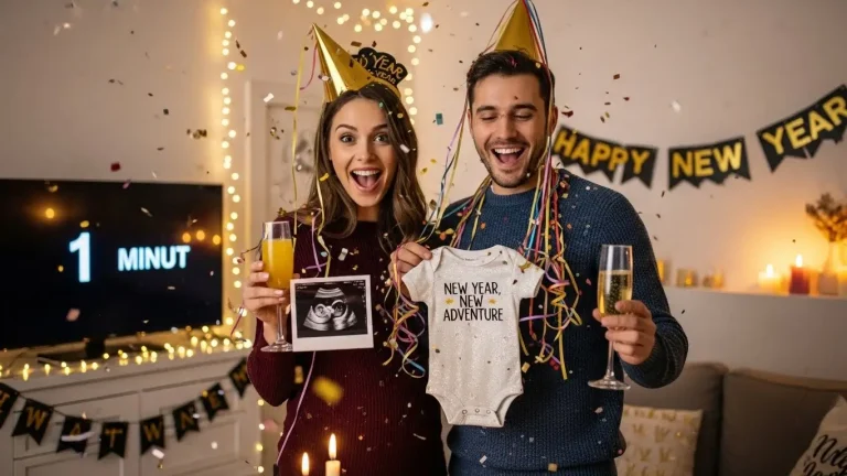 Happy couple holding baby onesies