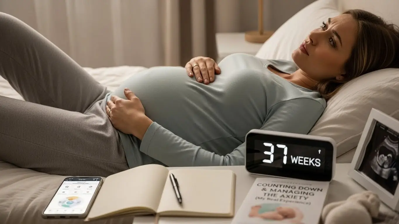 pregnant woman in third-trimester of her pregnancy lying down on bed