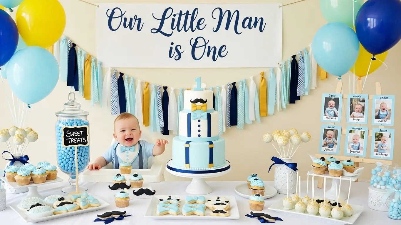 "our little man is on year old" based birthday theme for one year old boy
