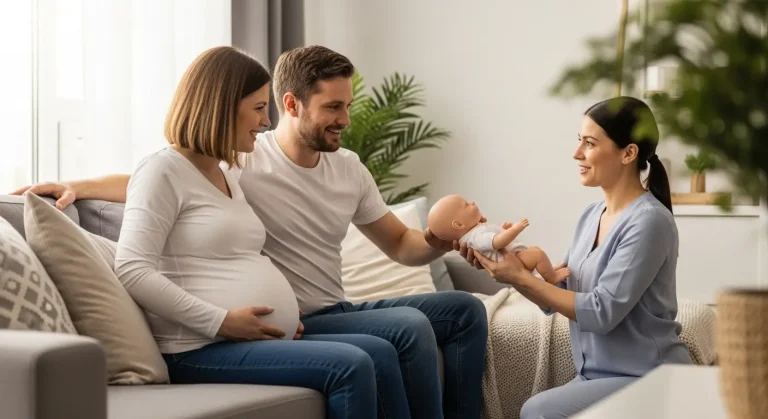 shot of pregnant wife, husband and doula holding a baby doll in her arms demonstrating how to handle baby in home