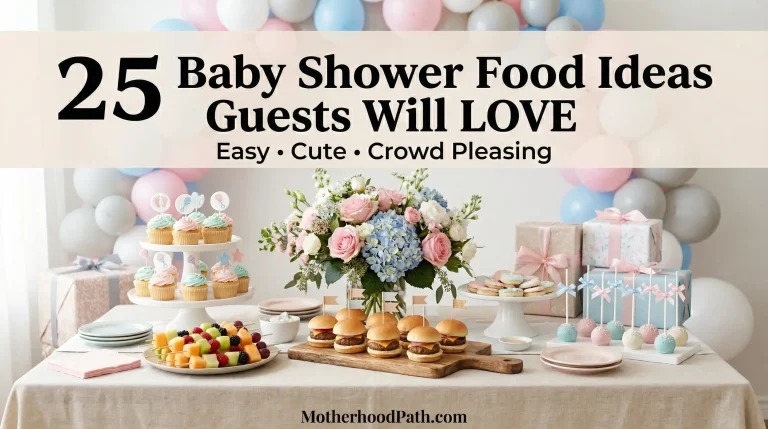 A pastel-themed baby shower foods table filled with cupcakes, sliders, cake pops, and fruit skewers arranged beautifully with soft lighting and floral decorations.